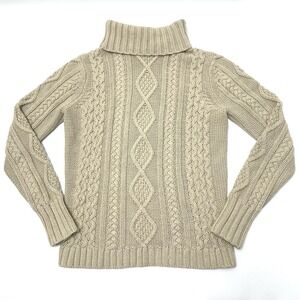 Eddie Bauer Beige Cable Knit Turtleneck Sweater Womens Petite Small Fisherman